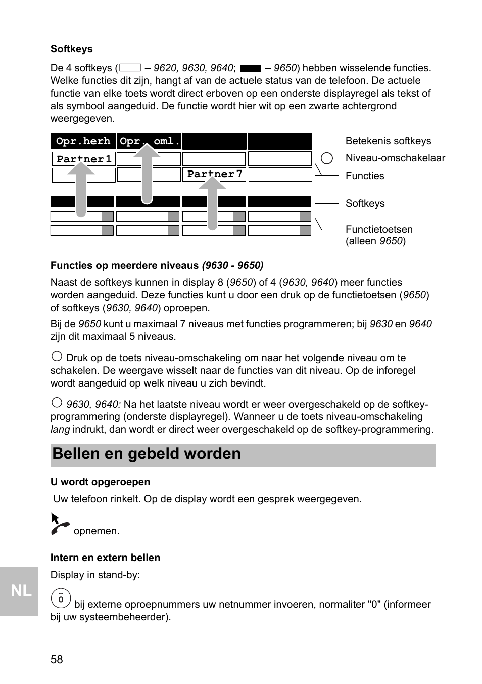 Softkeys, Functies op meerdere niveaus (9630 - 9650), U wordt opgeroepen | Intern en extern bellen, Bellen en gebeld worden | Avaya one-X 1603 User Manual | Page 58 / 64