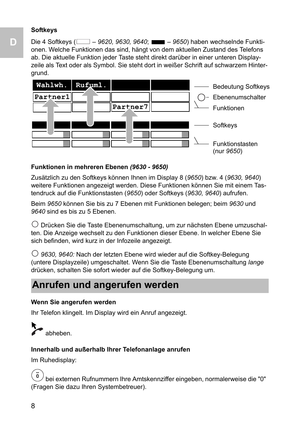 Softkeys, Funktionen in mehreren ebenen (9630 - 9650), Wenn sie angerufen werden | Anrufen und angerufen werden | Avaya one-X 1603 User Manual | Page 8 / 64