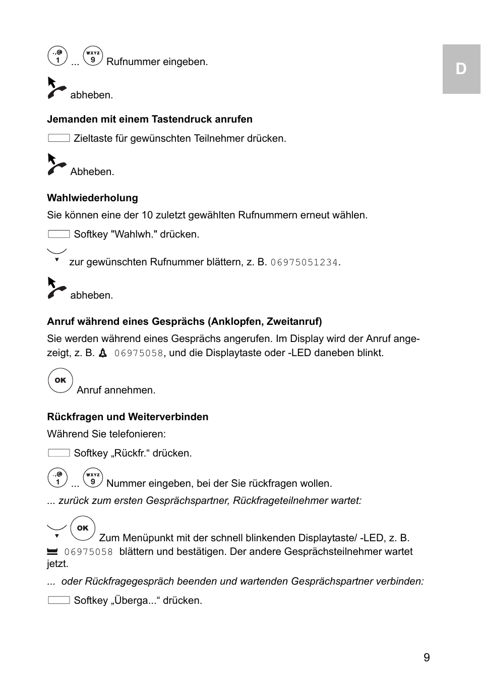 Jemanden mit einem tastendruck anrufen, Wahlwiederholung, Rückfragen und weiterverbinden | Avaya one-X 1603 User Manual | Page 9 / 64