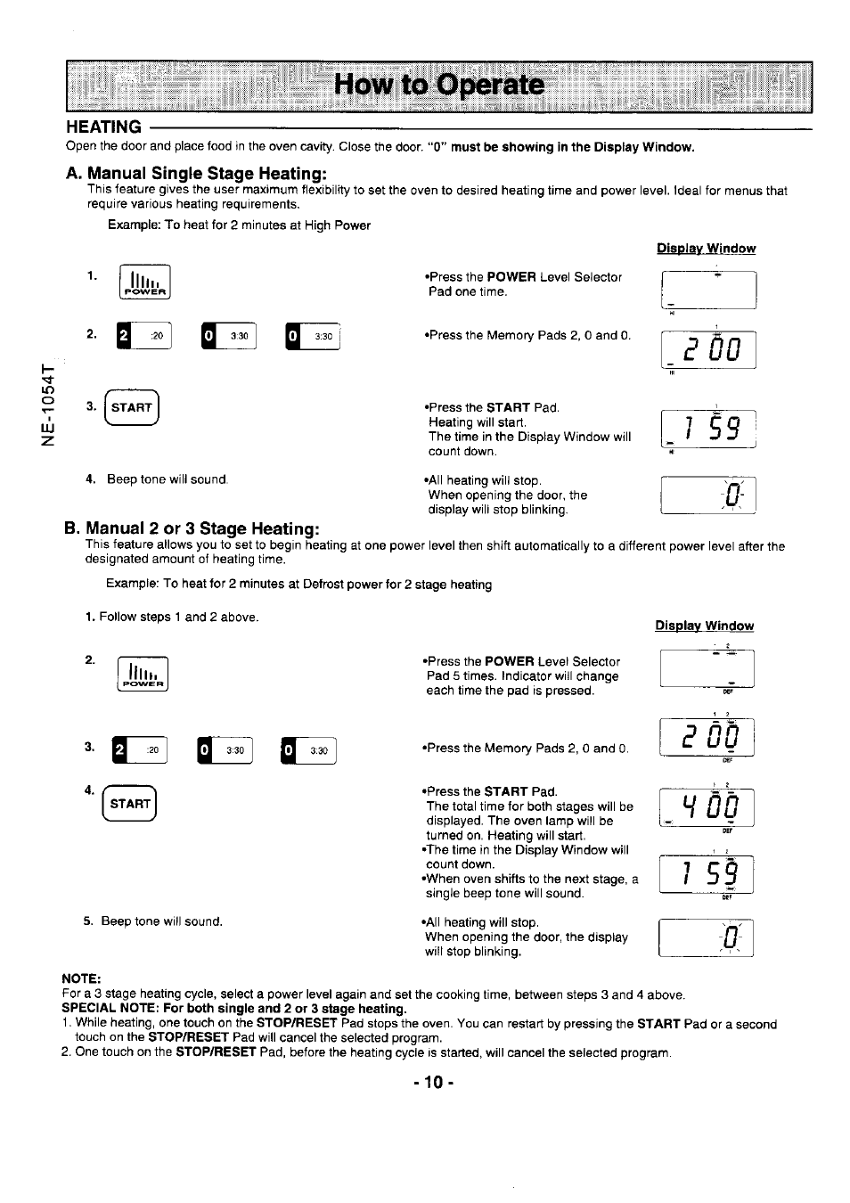 Heating, A. manual single stage heating, Г do | L 59, B. manual 2 or 3 stage heating, How to operate, Г d o, D d d | Panasonic NE-1054F User Manual | Page 10 / 20