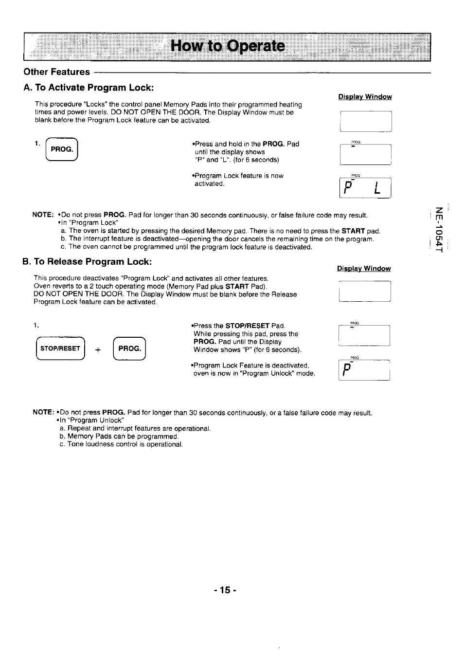 Other features, A. to activate program lock, B. to release program lock | Panasonic NE-1054F User Manual | Page 15 / 20