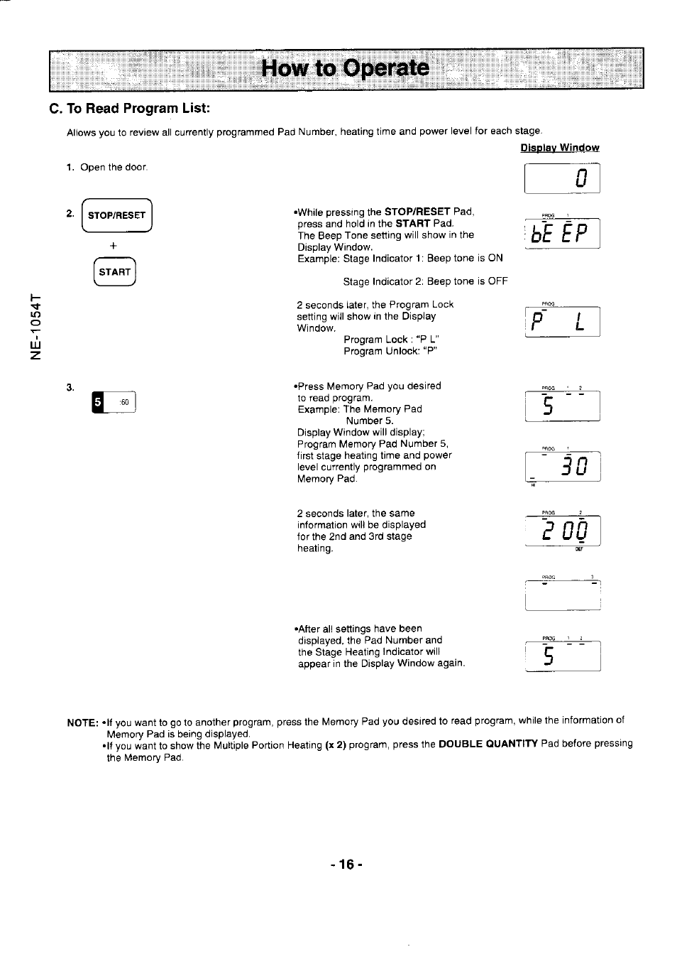 To read program list, C. to read program list, 0b e e p | Panasonic NE-1054F User Manual | Page 16 / 20