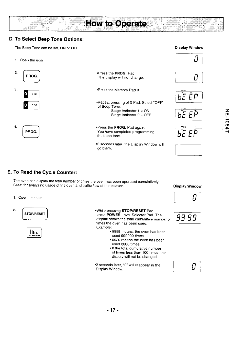 D. to select beep tone options, E. to read the cycle counter, Be ep | Beep, How to opsrate, 0be ep, B e e p | Panasonic NE-1054F User Manual | Page 17 / 20