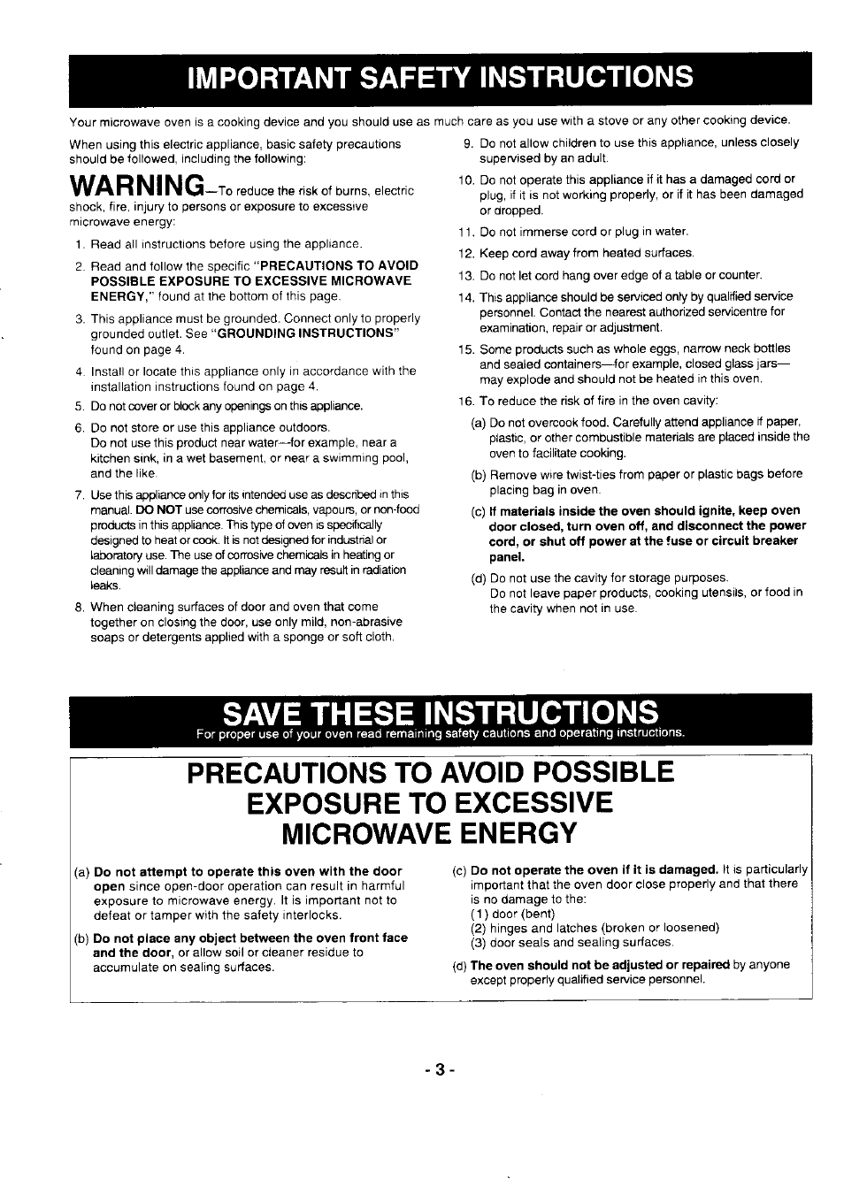 Save these instructions, Important safety instructions, Warning | Panasonic NE-1054F User Manual | Page 3 / 20