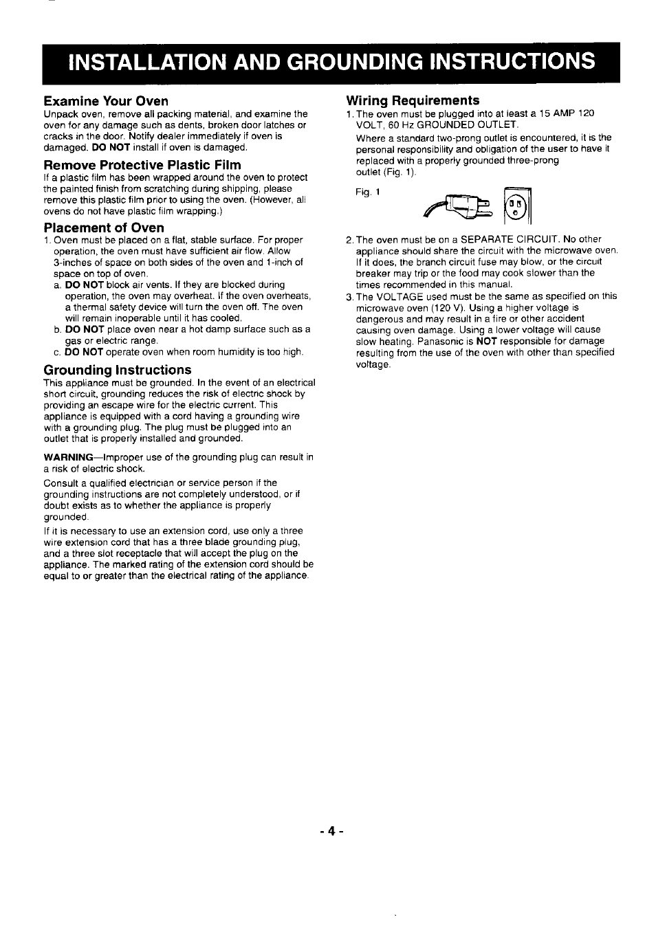 Examine your oven, Remove protective piastic film, Placement of oven | Grounding instructions, Wiring requirements, Installation and grounding instructions | Panasonic NE-1054F User Manual | Page 4 / 20