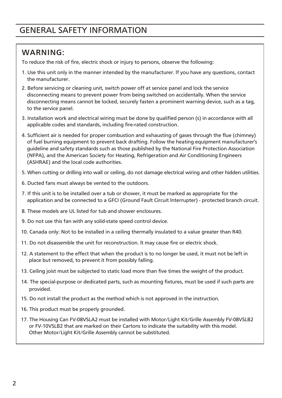 Т³ 2, General safety information, Warning | Panasonic FV-10VSL2 User Manual | Page 2 / 12