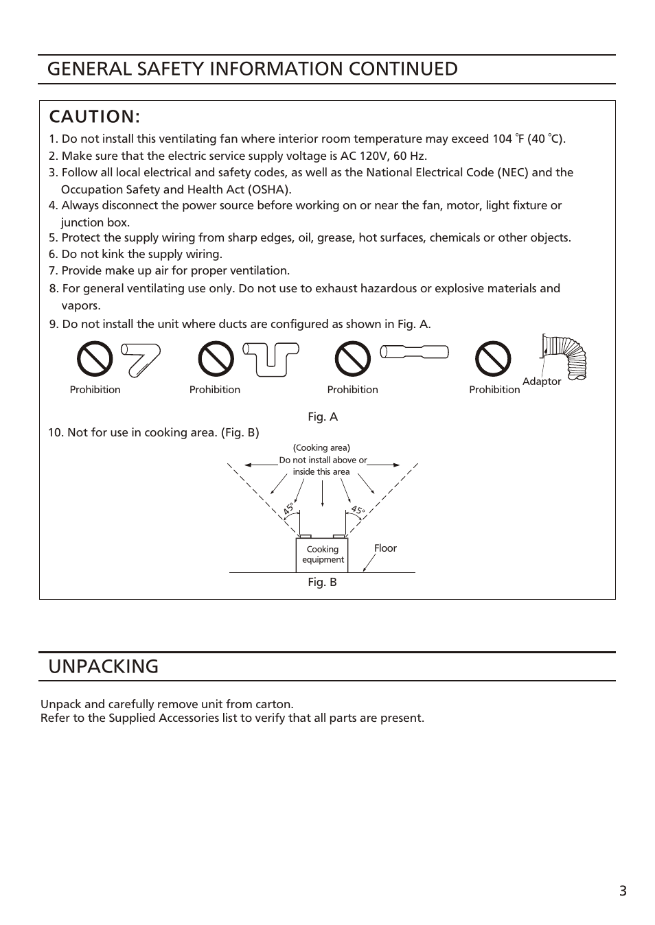 Т³ 3, General safety information continued unpacking, Caution | Panasonic FV-10VSL2 User Manual | Page 3 / 12