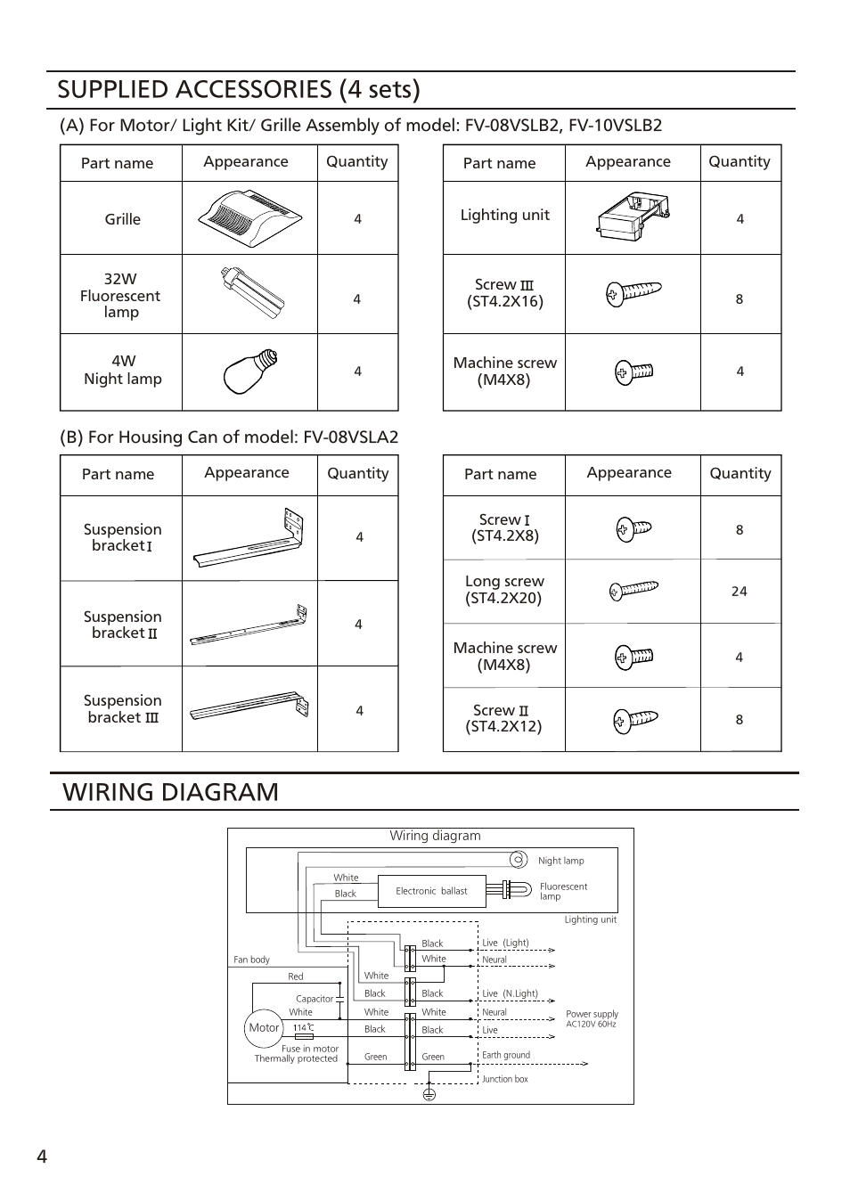 Т³ 4, Supplied accessories (4 sets) wiring diagram, B) for housing can of model: fv-08vsla2 | Panasonic FV-10VSL2 User Manual | Page 4 / 12