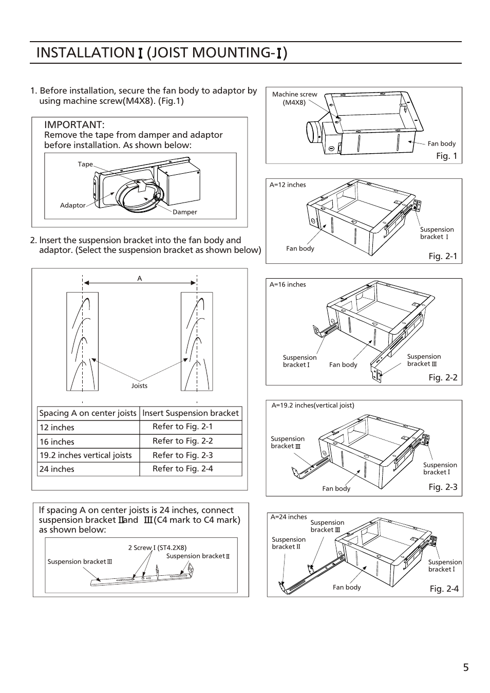 Т³ 5, Installation (joist mounting- ), Important | Panasonic FV-10VSL2 User Manual | Page 5 / 12