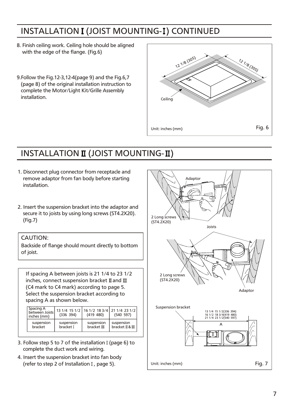 Т³ 7, Installation (joist mounting- ) continued, Installation (joist mounting- ) | Caution | Panasonic FV-10VSL2 User Manual | Page 7 / 12
