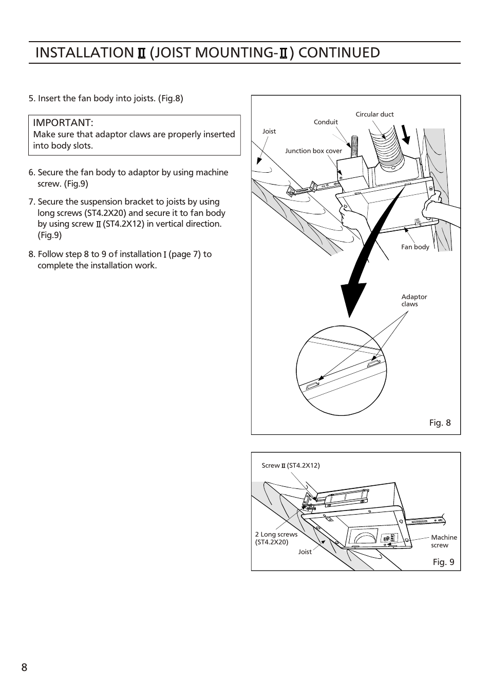 Т³ 8, Installation (joist mounting- ) continued | Panasonic FV-10VSL2 User Manual | Page 8 / 12