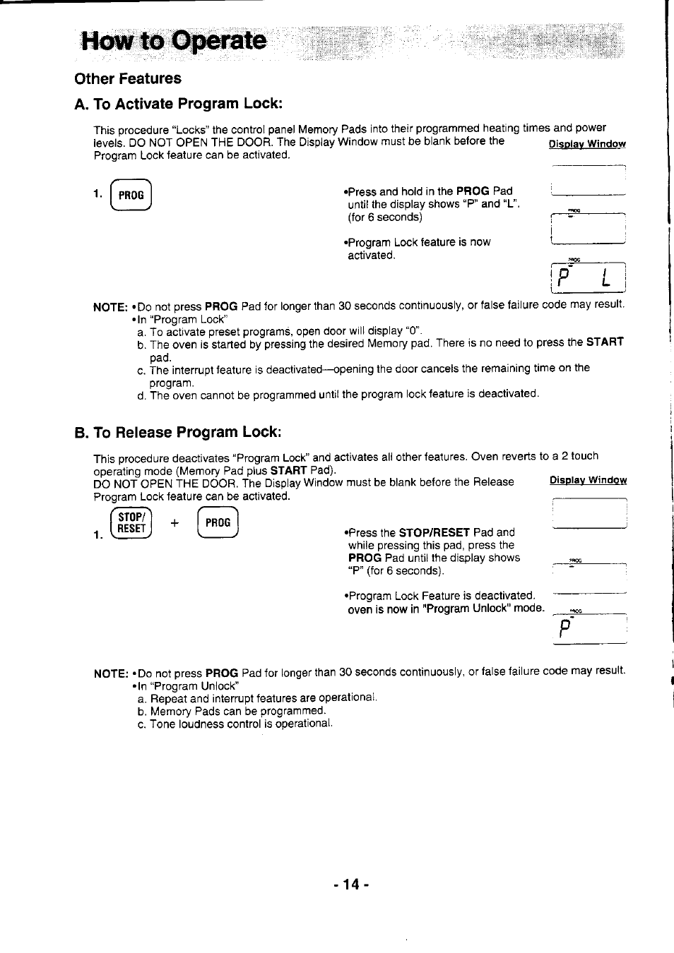 Mowtoop^te, Other features, A. to activate program lock | B. to release program lock, Ip m, Other features a. to activate program lock | Panasonic NE-1064F User Manual | Page 14 / 20