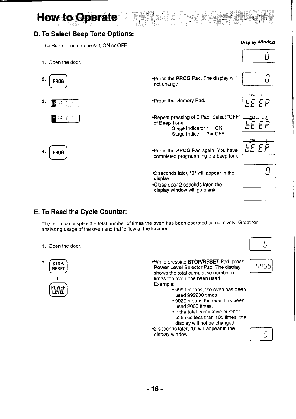 D. to select beep tone options, Beef, Be ep | E. to read the cycle counter, B e e f, B e e p | Panasonic NE-1064F User Manual | Page 16 / 20