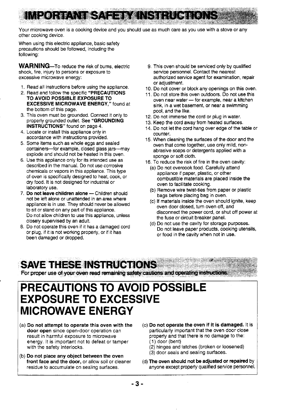C) do not operate the oven if it is damaged. it is, Save these instructions | Panasonic NE-1064F User Manual | Page 3 / 20