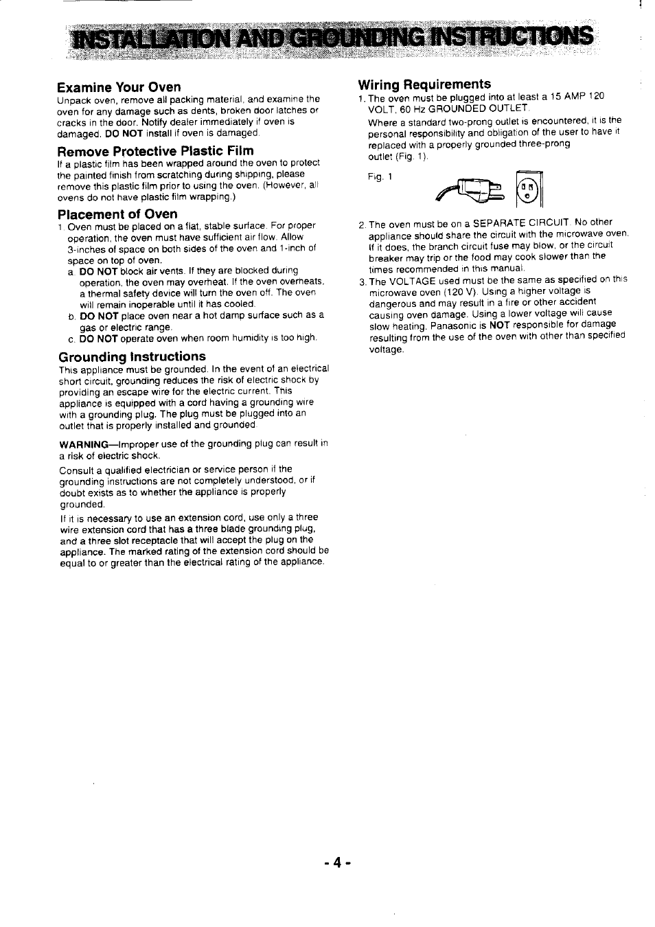 Examine your oven, Remove protective plastic film, Placement of oven | Grounding instructions, Wiring requirements | Panasonic NE-1064F User Manual | Page 4 / 20