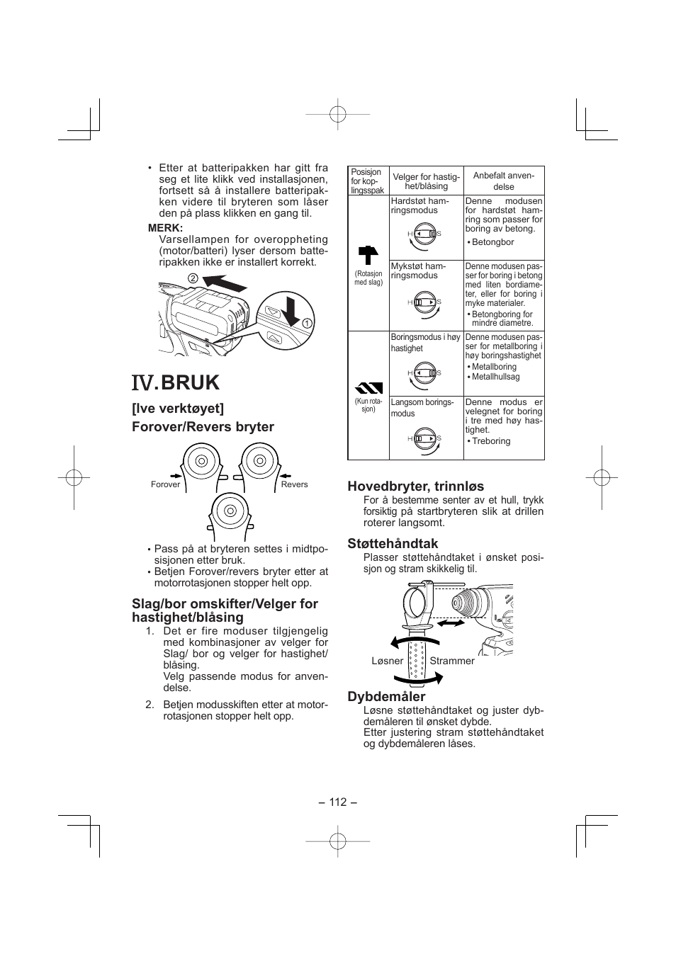 Bruk, Lve verktøyet] forover/revers bryter, Slag/bor omskifter/velger for hastighet/blåsing | Hovedbryter, trinnløs, Støttehåndtak, Dybdemåler | Panasonic EY7880LP2S User Manual | Page 112 / 160