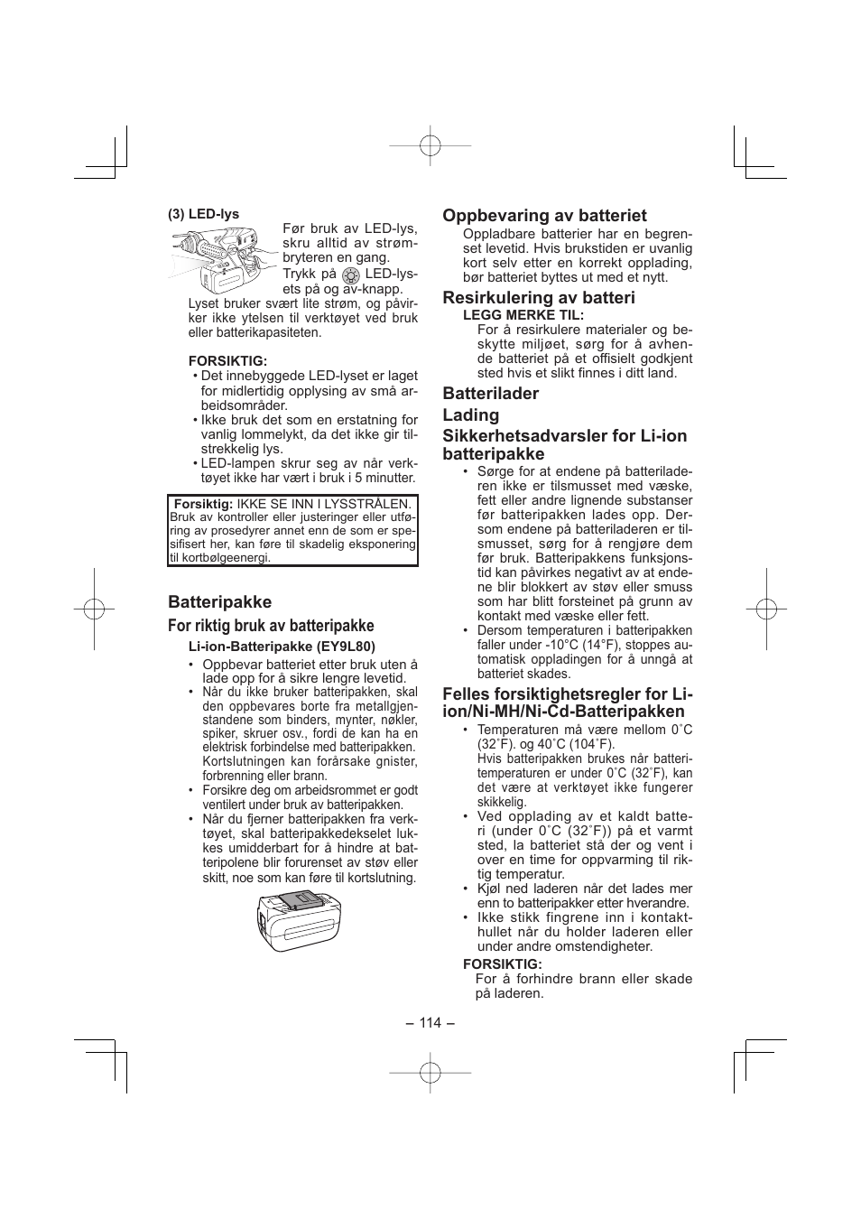 Batteripakke for riktig bruk av batteri pakke, Oppbevaring av batteriet, Resirkulering av batteri | Panasonic EY7880LP2S User Manual | Page 114 / 160