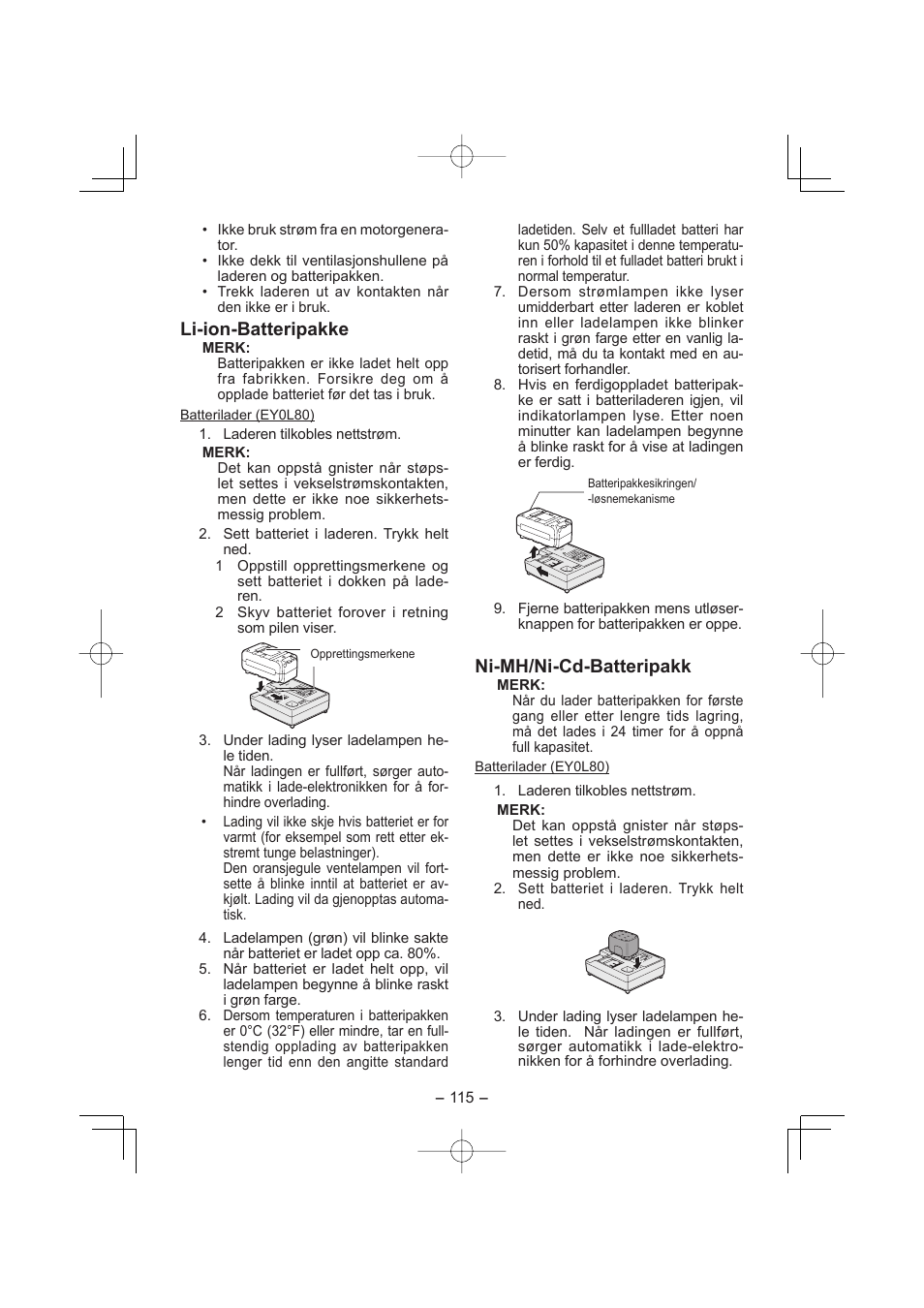 Li-ion-batteripakke, Ni-mh/ni-cd-batteripakk | Panasonic EY7880LP2S User Manual | Page 115 / 160