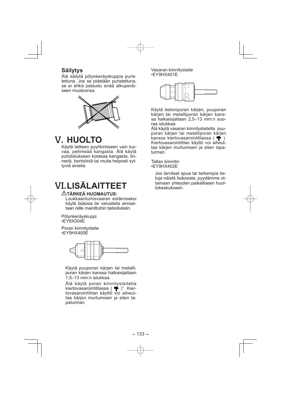 Huolto, Lisälaitteet | Panasonic EY7880LP2S User Manual | Page 133 / 160