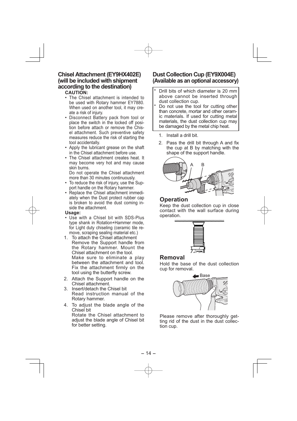 Operation, Removal | Panasonic EY7880LP2S User Manual | Page 14 / 160