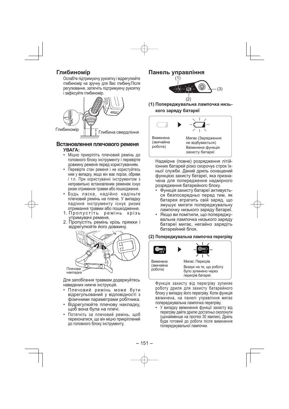 Глибиномір, Встановлення плечового ременя, Панель управління | Panasonic EY7880LP2S User Manual | Page 151 / 160