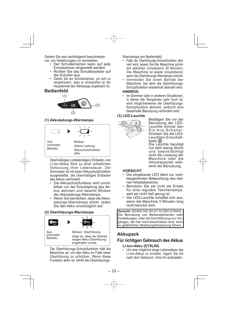 Akkupack für richtigen gebrauch des akkus, Bedienfeld | Panasonic EY7880LP2S User Manual | Page 23 / 160