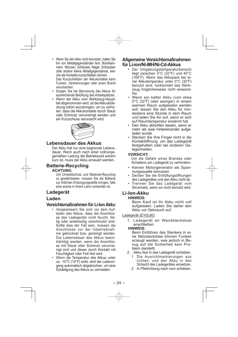 Lebensdauer des akkus, Batterie-recycling, Ladegerät laden vorsichtsmaßnahmen für li-ion akku | Li-ion-akku | Panasonic EY7880LP2S User Manual | Page 24 / 160