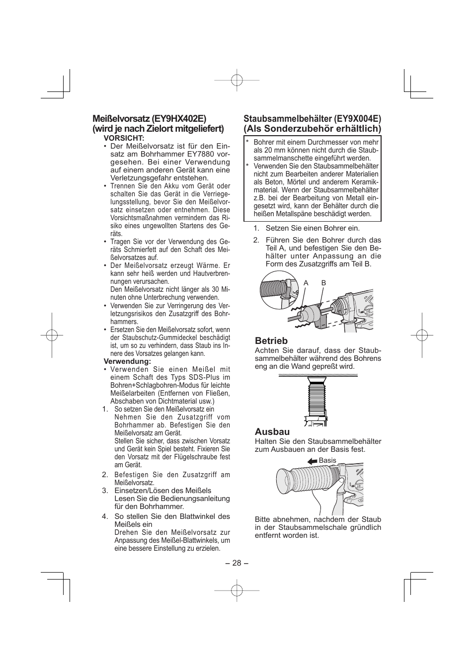 Betrieb, Ausbau | Panasonic EY7880LP2S User Manual | Page 28 / 160