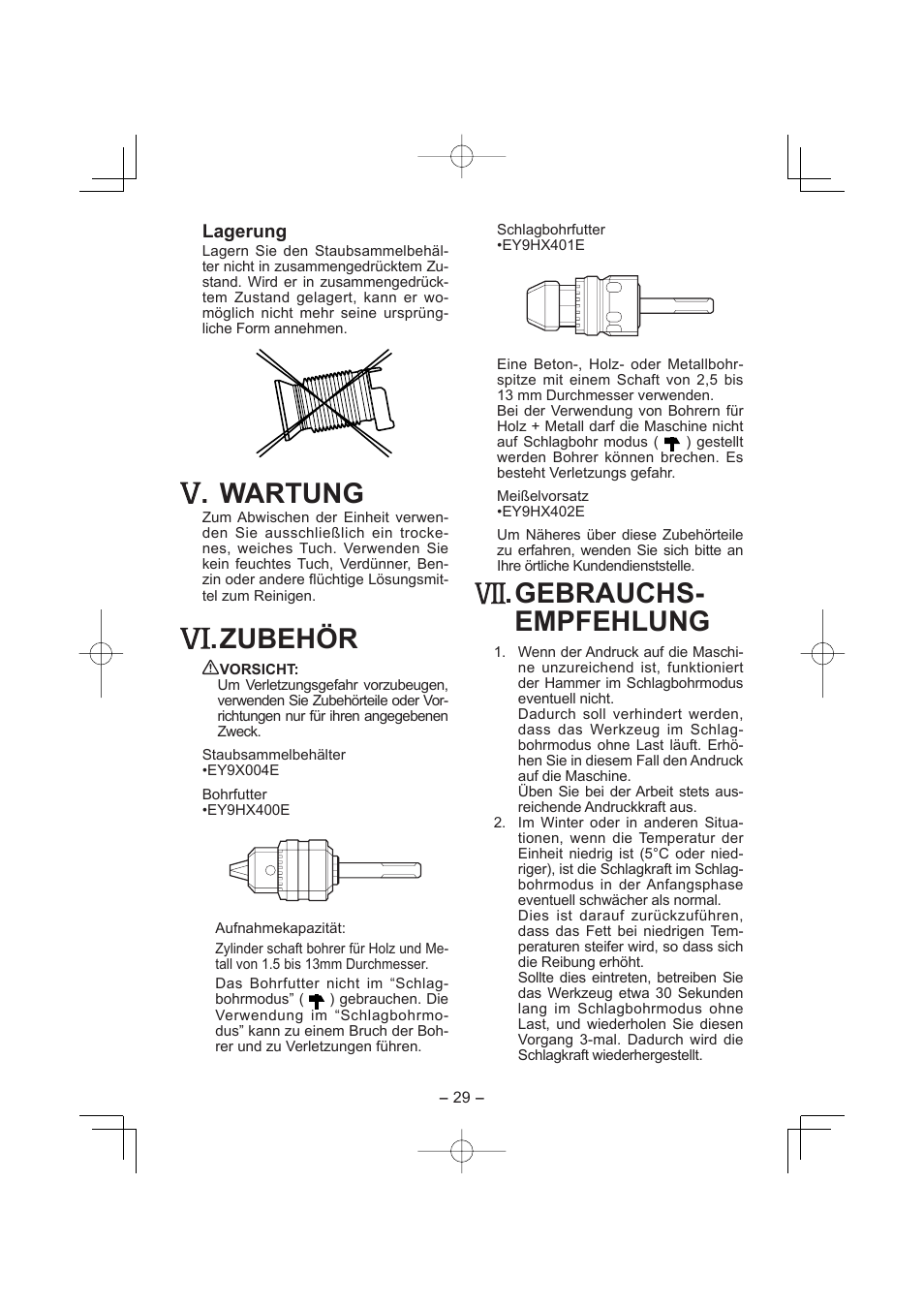 Wartung, Zubehör, Gebrauchs- empfehlung | Panasonic EY7880LP2S User Manual | Page 29 / 160