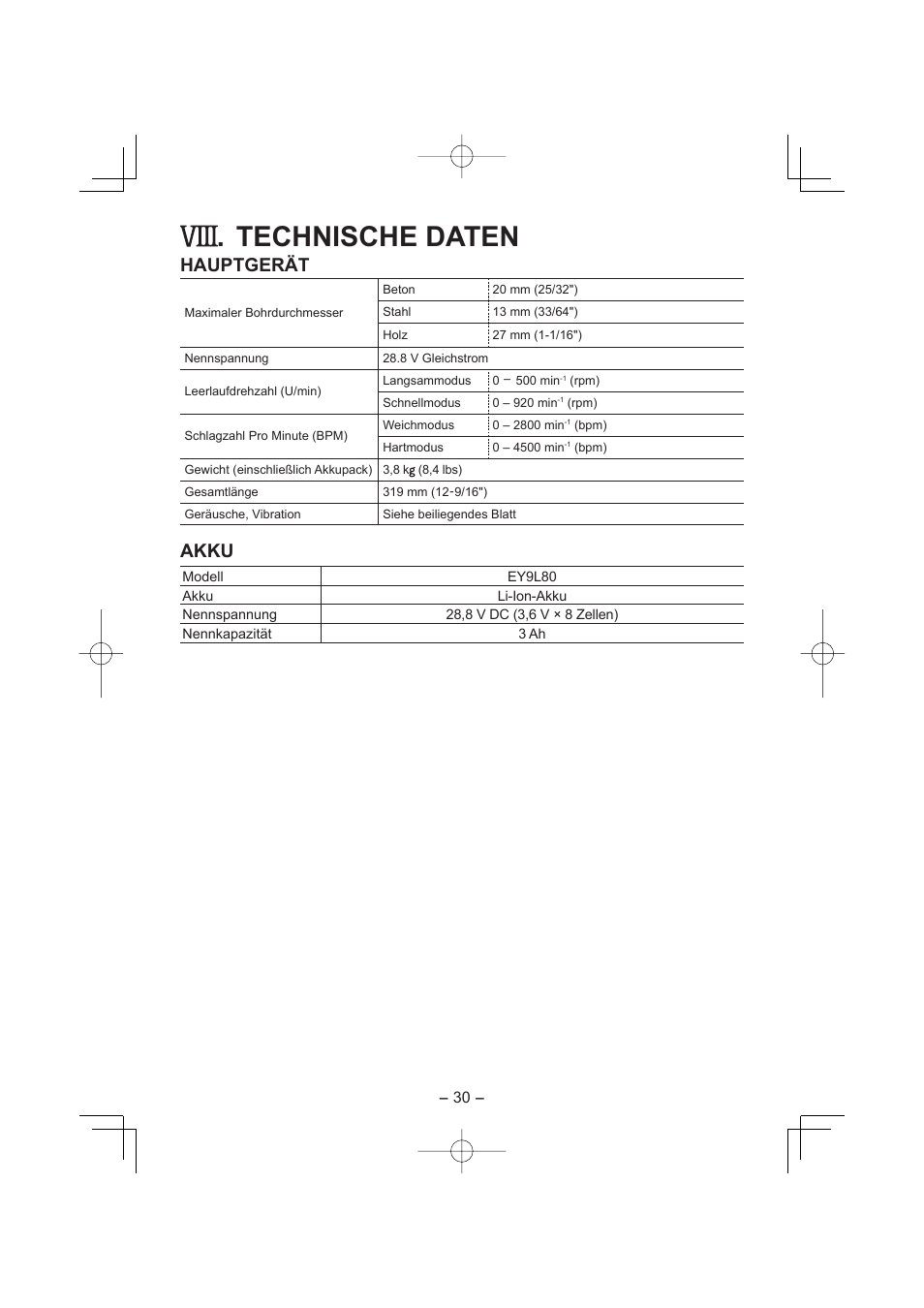 Technische daten, Hauptgerät, Akku | Panasonic EY7880LP2S User Manual | Page 30 / 160