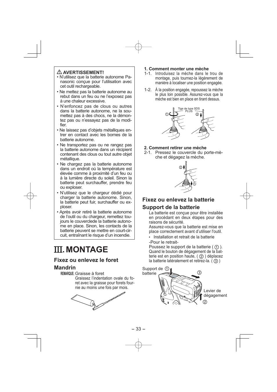 Montage, Fixez ou enlevez le foret mandrin | Panasonic EY7880LP2S User Manual | Page 33 / 160