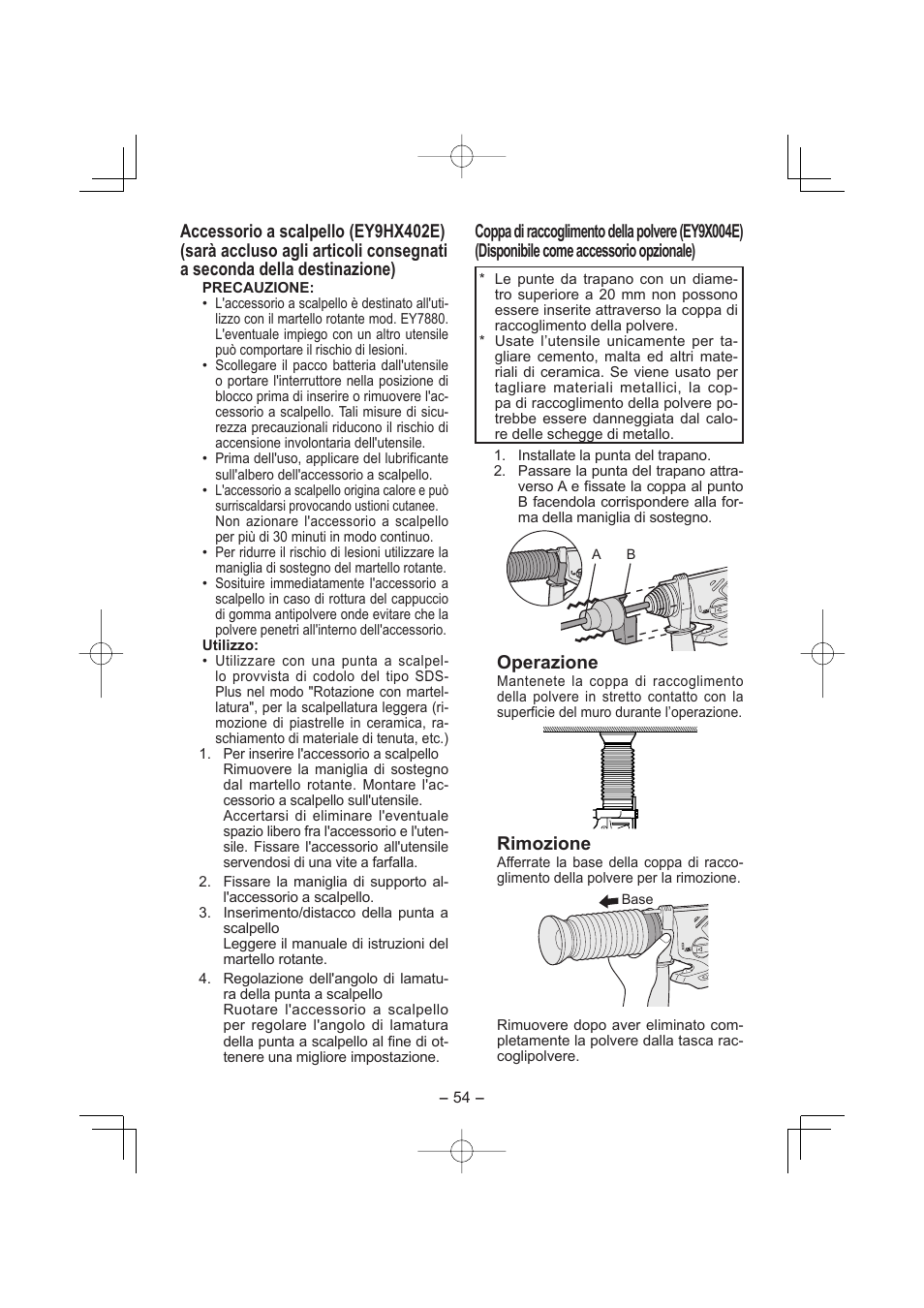 Operazione, Rimozione | Panasonic EY7880LP2S User Manual | Page 54 / 160