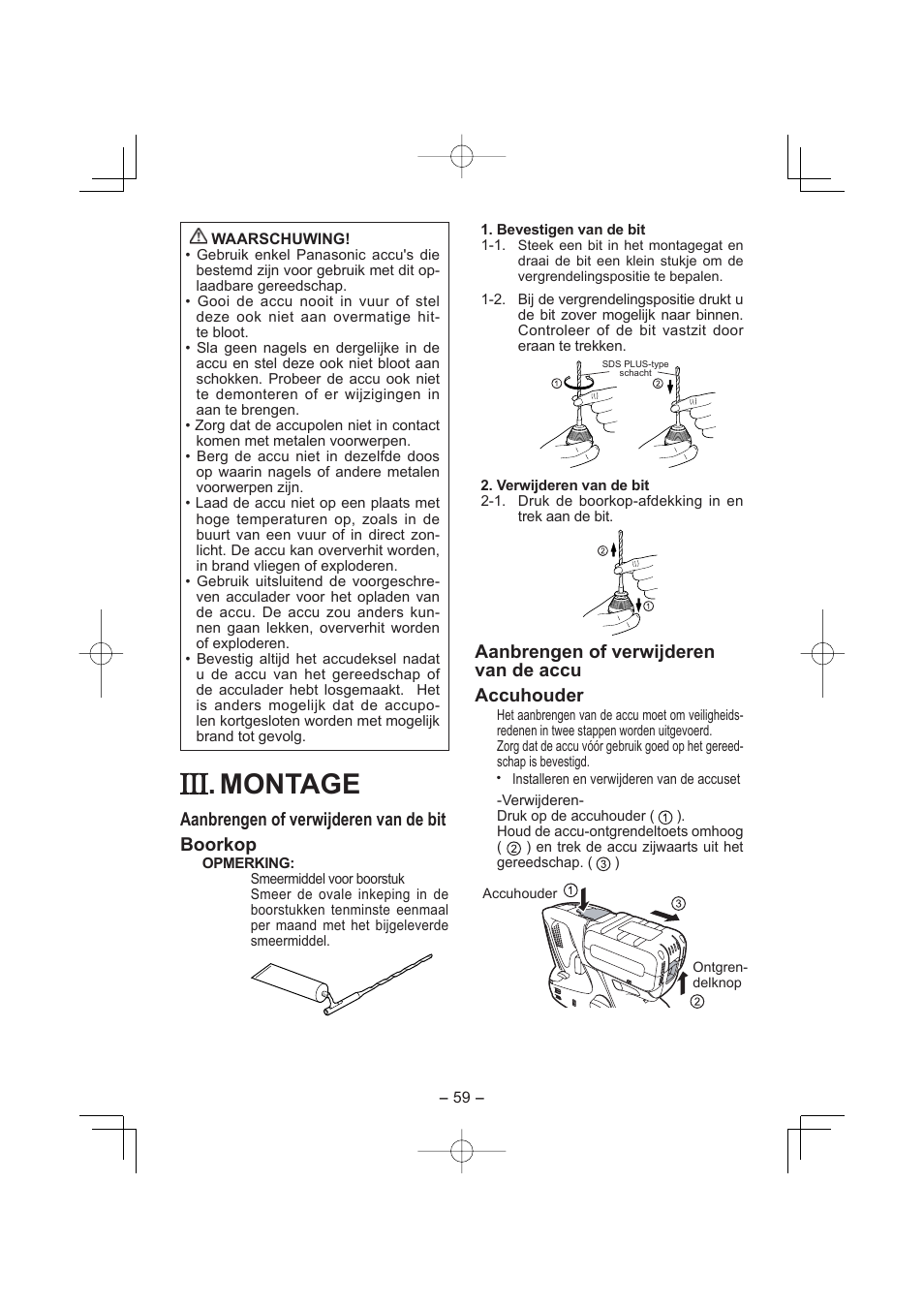 Montage, Aanbrengen of verwijderen van de bit boorkop, Aanbrengen of verwijderen van de accu accuhouder | Panasonic EY7880LP2S User Manual | Page 59 / 160