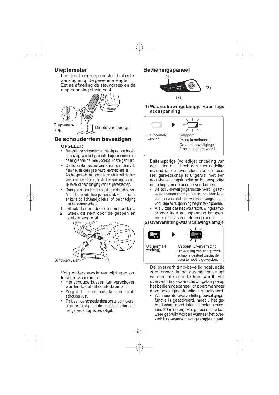Dieptemeter, De schouderriem bevestigen, Bedieningspaneel | Panasonic EY7880LP2S User Manual | Page 61 / 160
