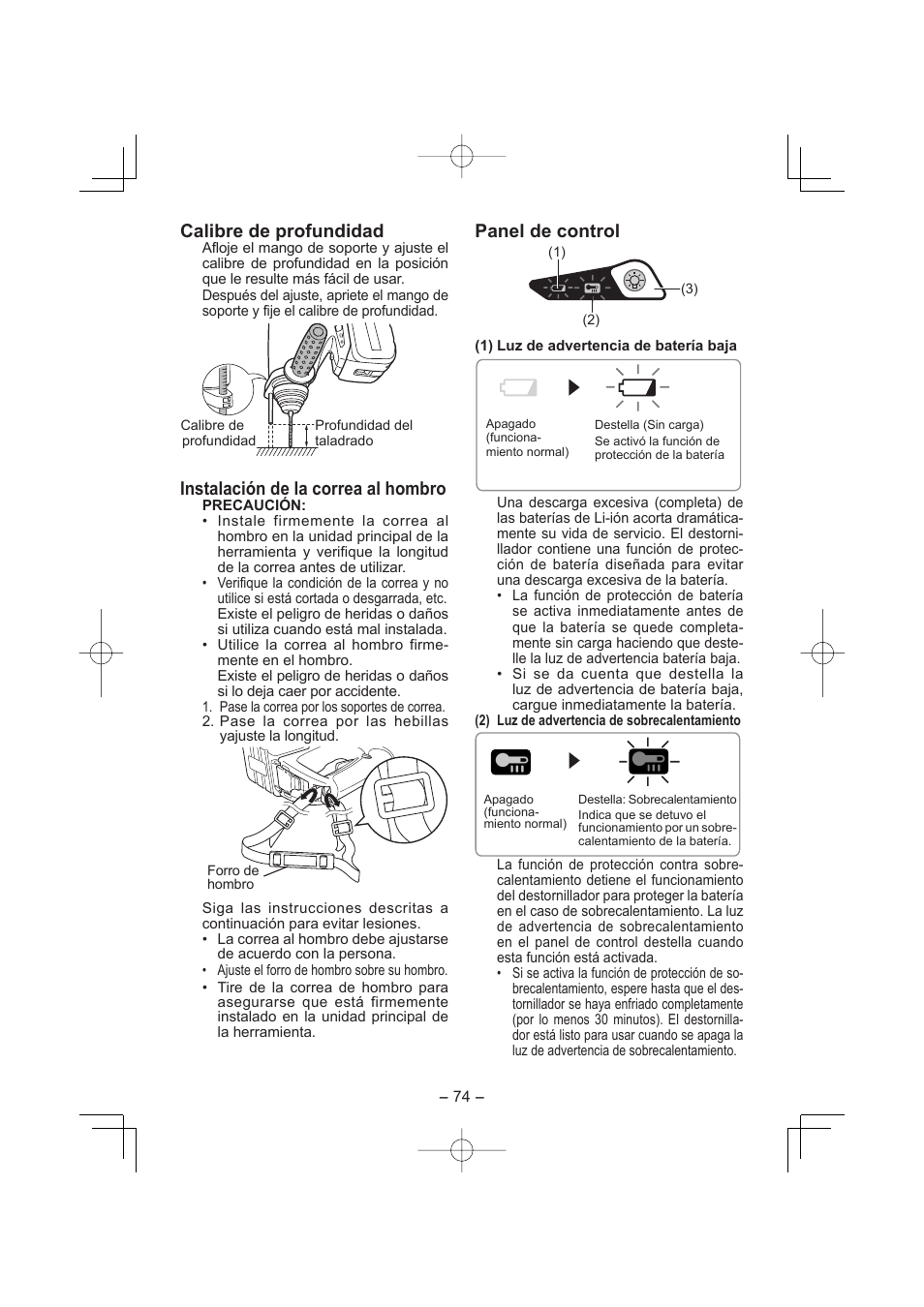 Calibre de profundidad, Instalación de la correa al hombro, Panel de control | Panasonic EY7880LP2S User Manual | Page 74 / 160
