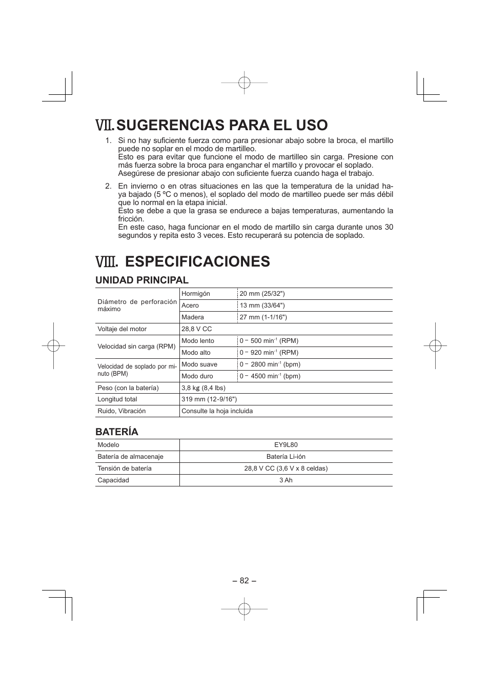 Sugerencias para el uso, Especificaciones, Unidad principal | Batería | Panasonic EY7880LP2S User Manual | Page 82 / 160