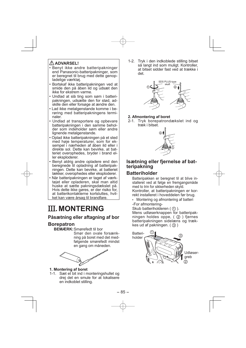 Montering, Påsætning eller aftagning af bor borepatron | Panasonic EY7880LP2S User Manual | Page 85 / 160
