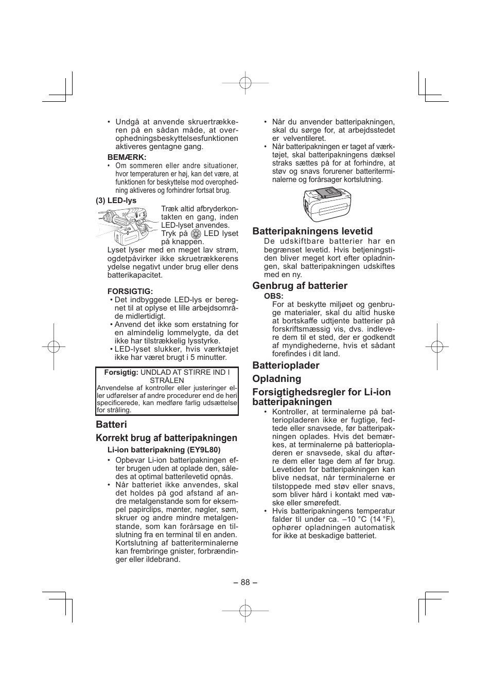 Batteri korrekt brug af batteripakningen, Batteripakningens levetid, Genbrug af batterier | Panasonic EY7880LP2S User Manual | Page 88 / 160