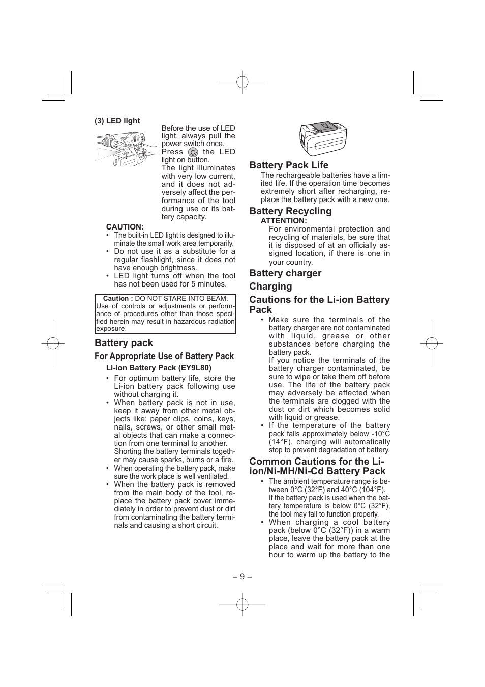 Battery pack for appropriate use of bat tery pack, Battery pack life, Battery recycling | Panasonic EY7880LP2S User Manual | Page 9 / 160