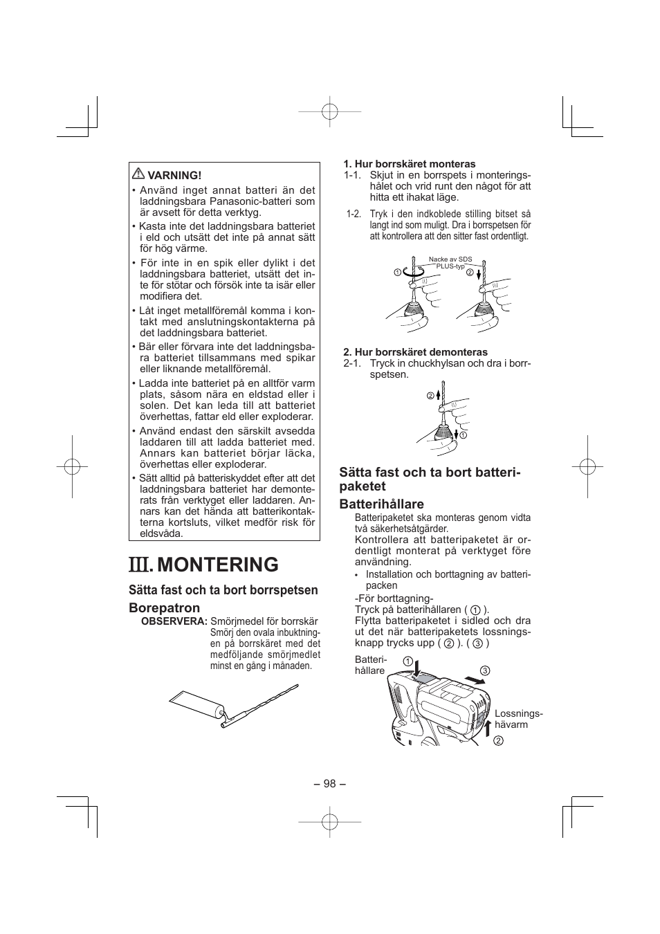 Montering, Sätta fast och ta bort borrspetsen borepatron | Panasonic EY7880LP2S User Manual | Page 98 / 160