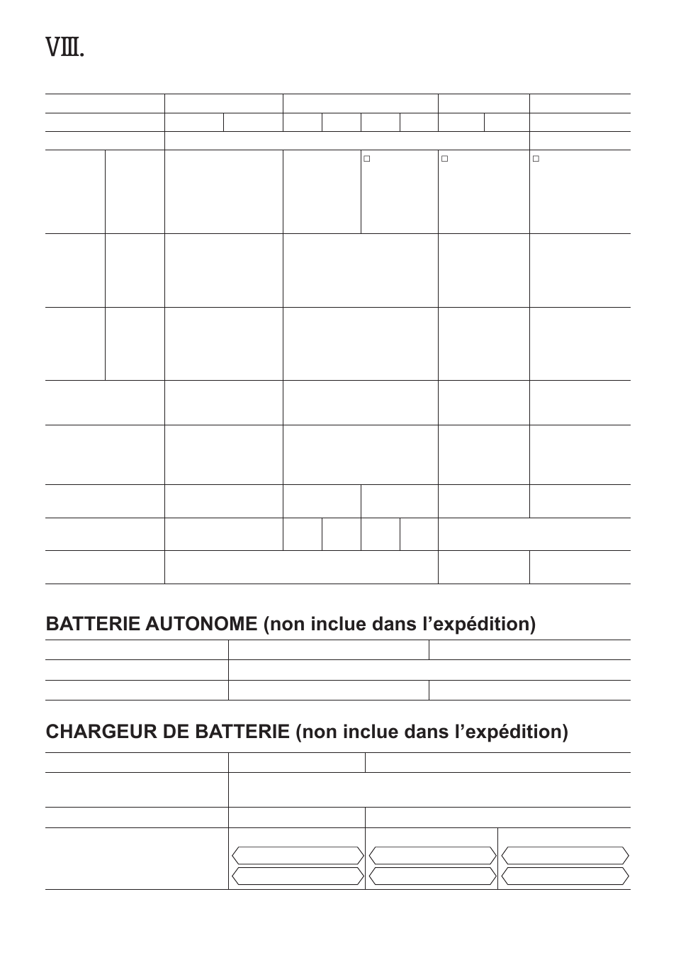 Viii, Caracteristiques techniques, Unite principale | Batterie autonome (non inclue dans l’expédition) | Panasonic EYFMA1J User Manual | Page 36 / 56