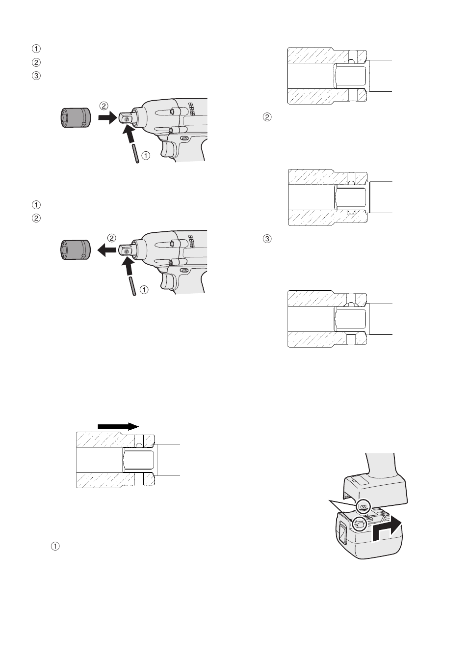 Attaching socket (pin­detent), Removing socket (pin­detent), Attaching or removing bat­ tery pack | Panasonic EYFMA1J User Manual | Page 7 / 56