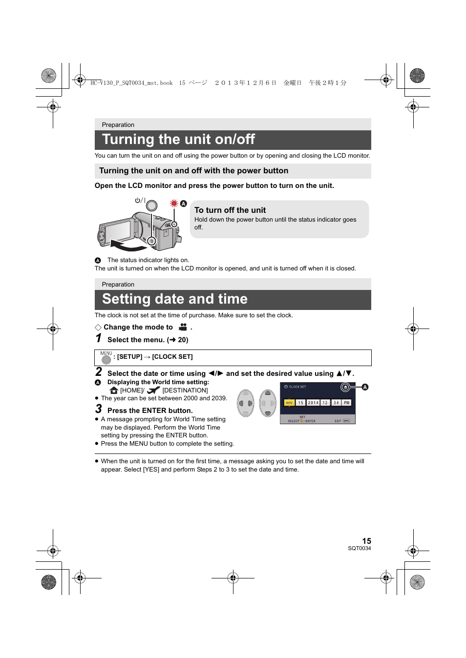 Turning the unit on/off, Setting date and time | Panasonic HC-V130K User Manual | Page 15 / 28