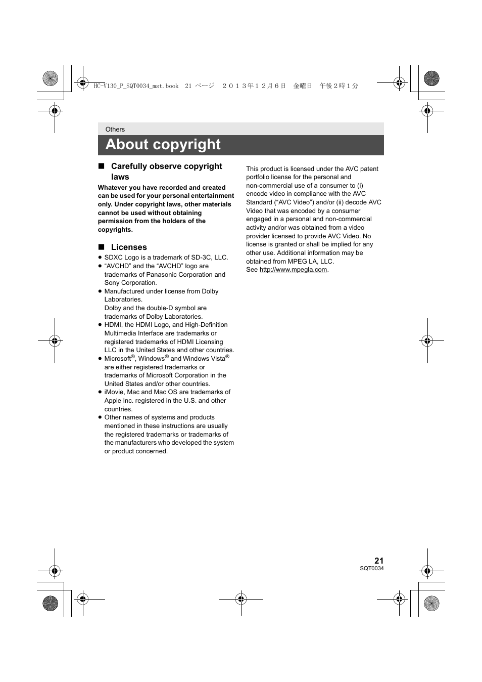 Others, About copyright | Panasonic HC-V130K User Manual | Page 21 / 28