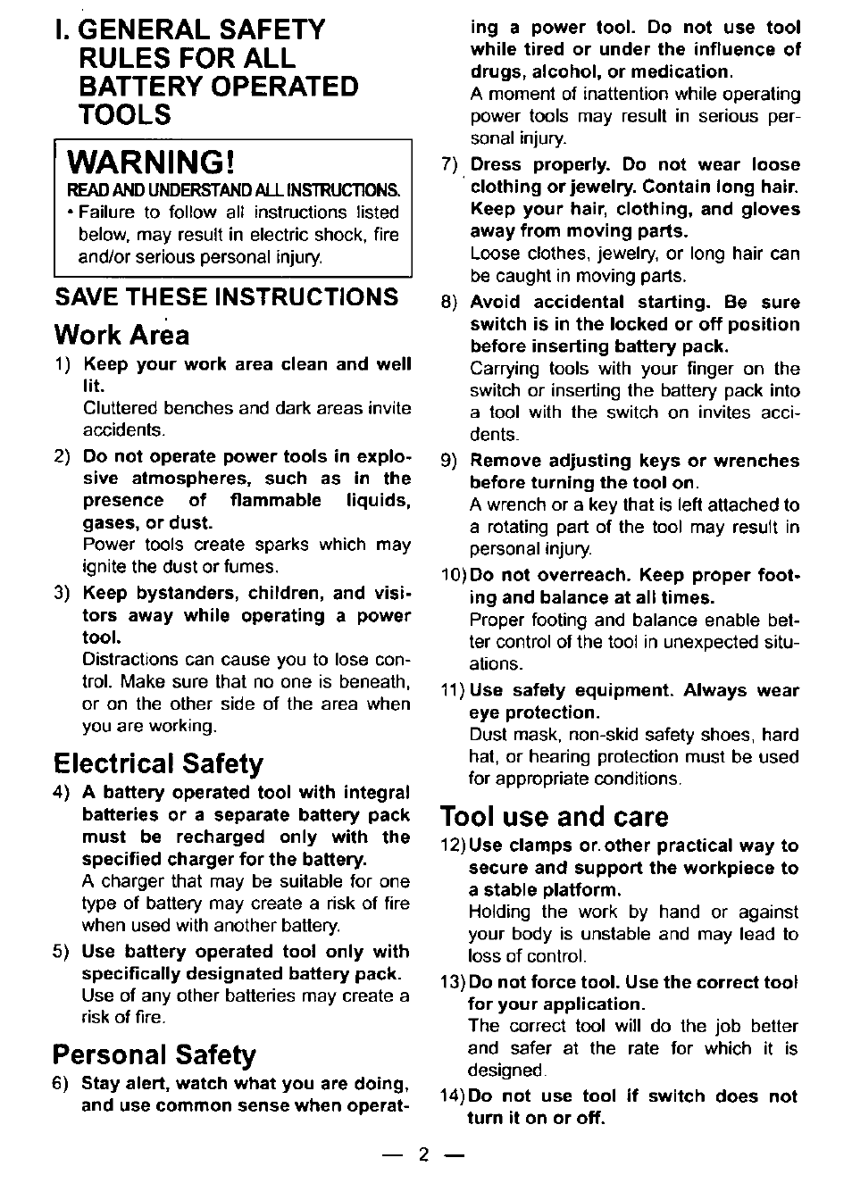 Save these instructions, Warning, Work area | Electrical safety, Personal safety, Tool use and care | Panasonic EY6409NQKW User Manual | Page 2 / 12