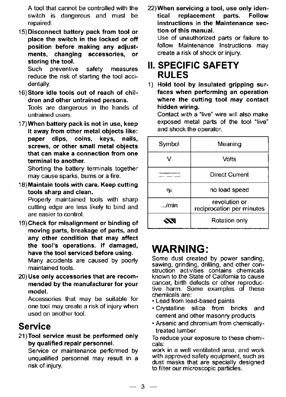 Service, Ii. specific safety rules, Warning | Panasonic EY6409NQKW User Manual | Page 3 / 12