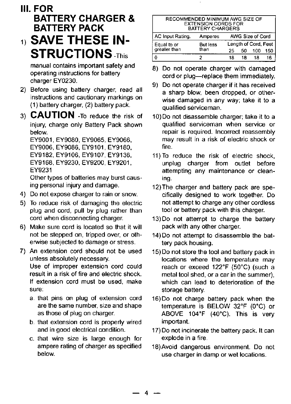 Iii. for, Battery charger & battery pack, 1) save these instructions this | Caution | Panasonic EY6409NQKW User Manual | Page 4 / 12