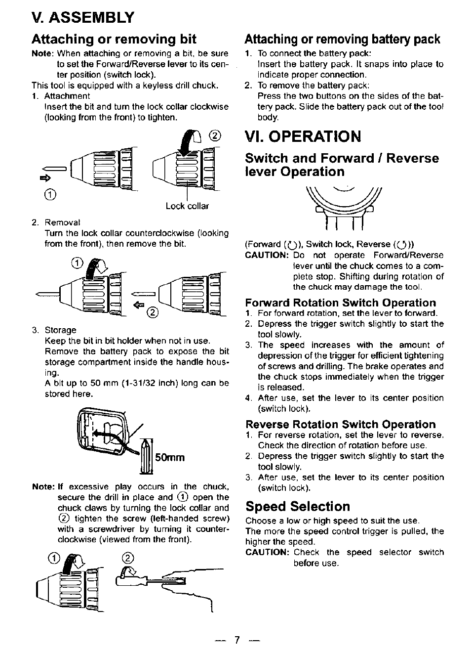 V. assembly, Attaching or removing bit, Attaching or removing battery pack | Vi. operation, Switch and forward / reverse lever operation, Speed selection | Panasonic EY6409NQKW User Manual | Page 7 / 12