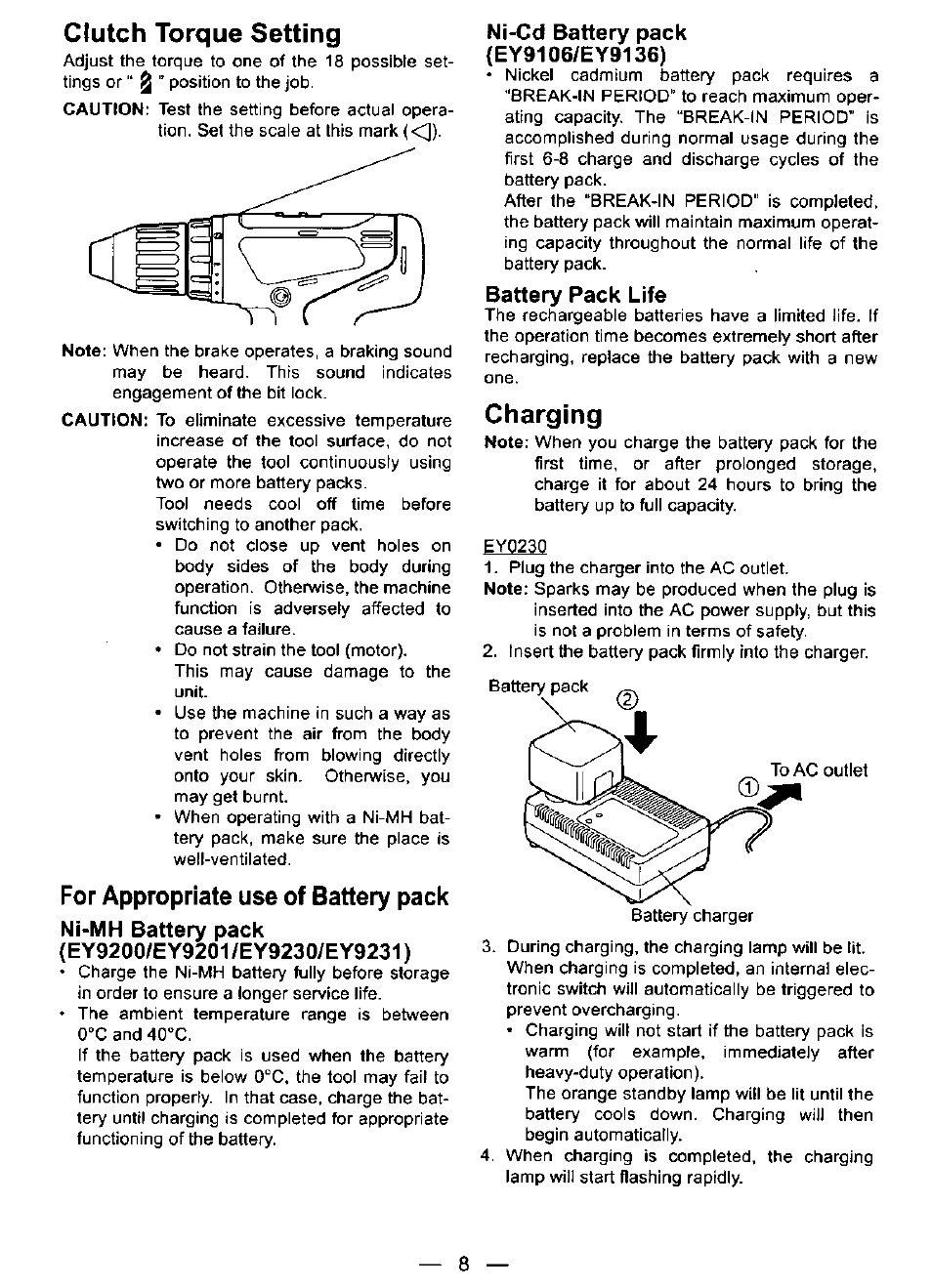 Clutch torque setting, For appropriate use of battery pack, Charging | Panasonic EY6409NQKW User Manual | Page 8 / 12