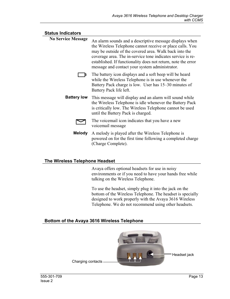 Status indicators, The wireless telephone headset, Bottom of the avaya 3616 wireless telephone | Avaya 3616 User Manual | Page 13 / 22